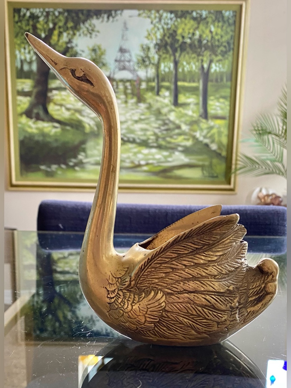 VTG Brass Swan Bird Planter Vase Detailed Feathers Engraving Long Neck 8” Tall